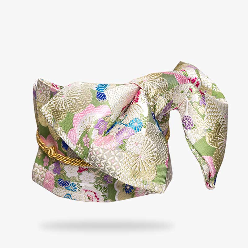 this embroidered obi is a japanese belt. Geisha wears it to tie the kimono traditional. The obi bel is made with cotton and embroidered with japanese green and grey pattern