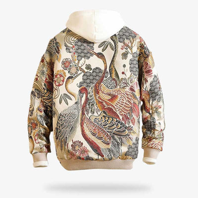 This embroidered souvenir bomber jacket is white with embroidery with animals and japanese floral plants