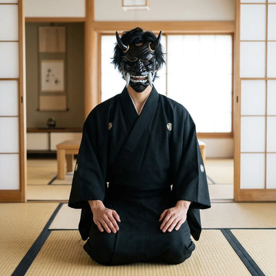 A person seated wearing the black oni half-mask, highlighting the carved tusks, mesh-covered mouth, and spiral cheek carvings up close.