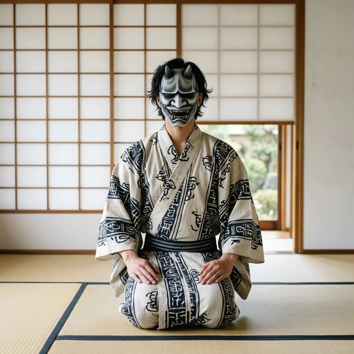 Model seated wearing the Hannya cosplay mask, highlighting the pointed fangs and furrowed brow details.