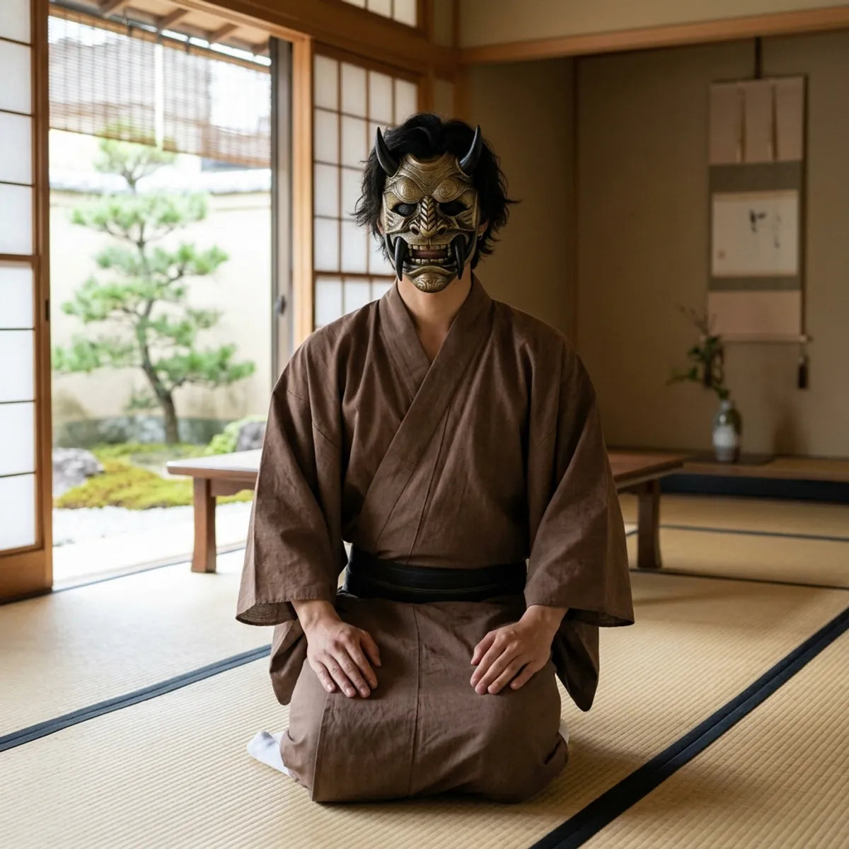Model seated while wearing the Oni demon mask, highlighting the carved fangs, clenched teeth, and jaw detailing up close.