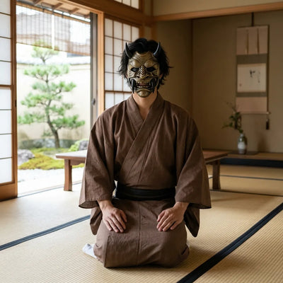 Model seated while wearing the Oni demon mask, highlighting the carved fangs, clenched teeth, and jaw detailing up close.