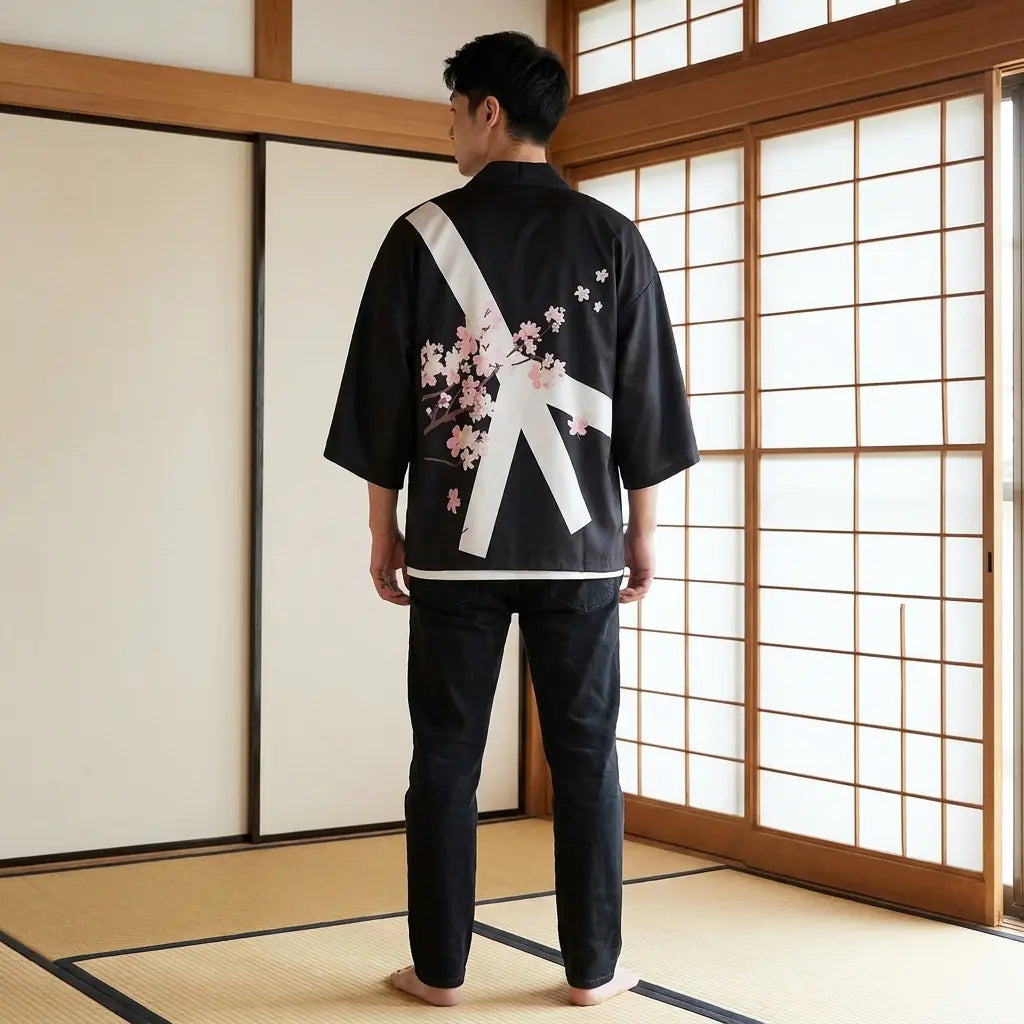 Back view of a mens floral kimono in a washitsu room, showing the full back design
