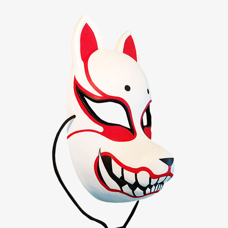 The kitsune mask is a fox demon mask with white and red color. Japanese demon is smiling showing teeths and fangs. Hisgh quality material