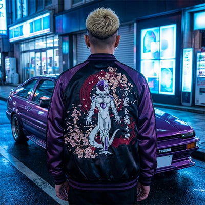 Person wearing a freezer bomber jacket design on the back, standing in front of a purple car in an urban Tokyo Street.