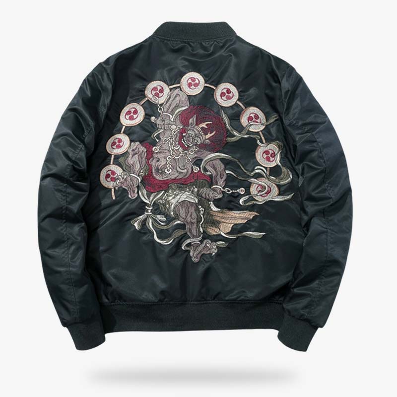 A Fujin sukajan bomber jacket embroidered with the motif of the Japanese god of lightning. Quality material for the japanese bomber and black color with embroidered japanese symbols