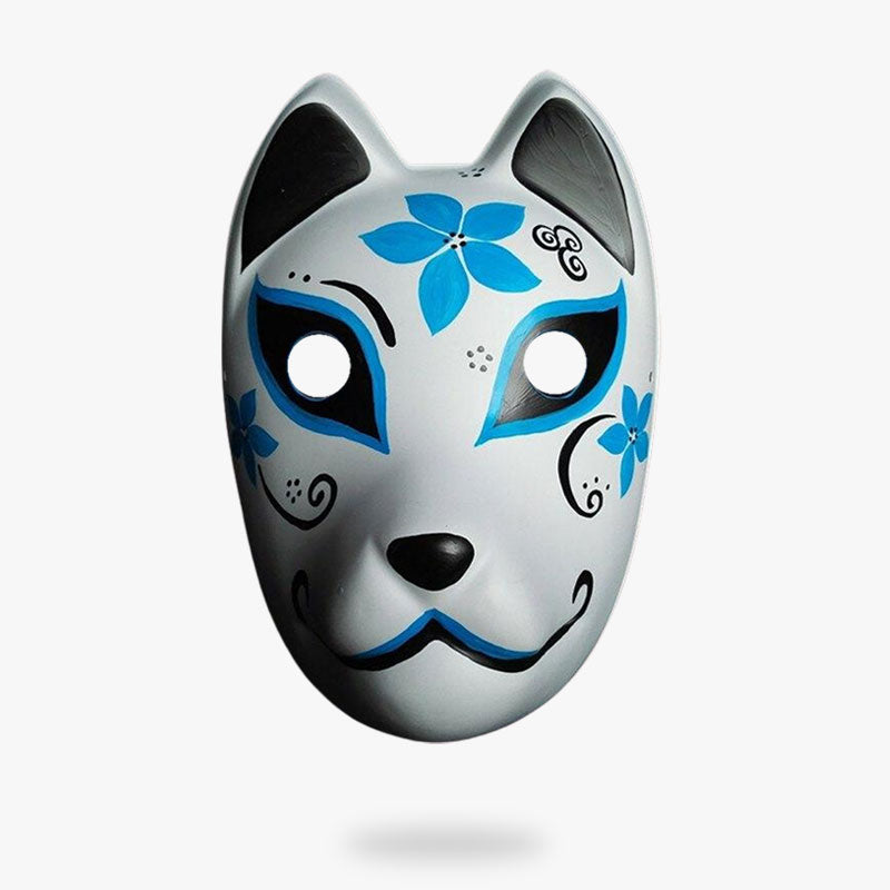 The full face kitsune mask is white and painted with blue Japanese flowers.