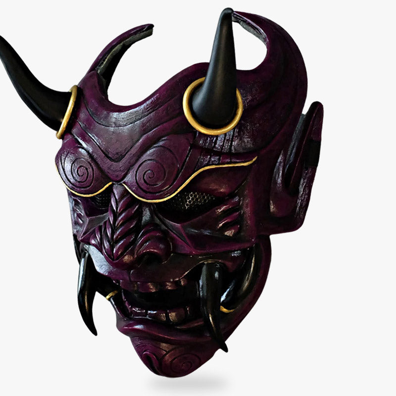 The full face oni mask combines traditional craftsmanship with high-quality materials, featuring horns and sharp teeth, each mask a unique representation of Japanese demon legends