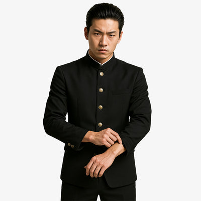 This Gakuran jacket is a traditional black Japanese uniform for men student, featuring a high collar and buttoned front, symbolizing discipline and heritage in Japanese school culture.