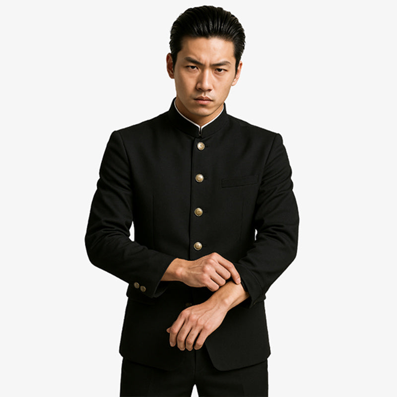 This Gakuran jacket is a traditional black Japanese uniform for men student, featuring a high collar and buttoned front, symbolizing discipline and heritage in Japanese school culture.