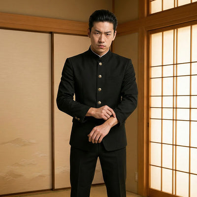 Man wearing a black traditional gakuran men jacket outfit in a washitsu room with wooden sliding doors and a shoji screen.