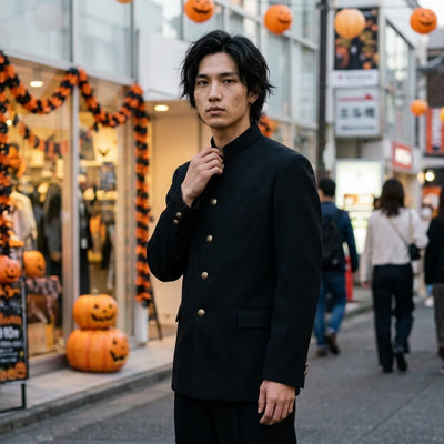 Full outfit pose showing the gakuran jacket with wide straight-leg trousers and side pockets