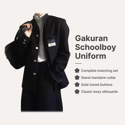 Japanese Schoolboy Uniform : Complete matching set, Stand mandarin collar, Gold-toned buttons, Classic boxy silhouette