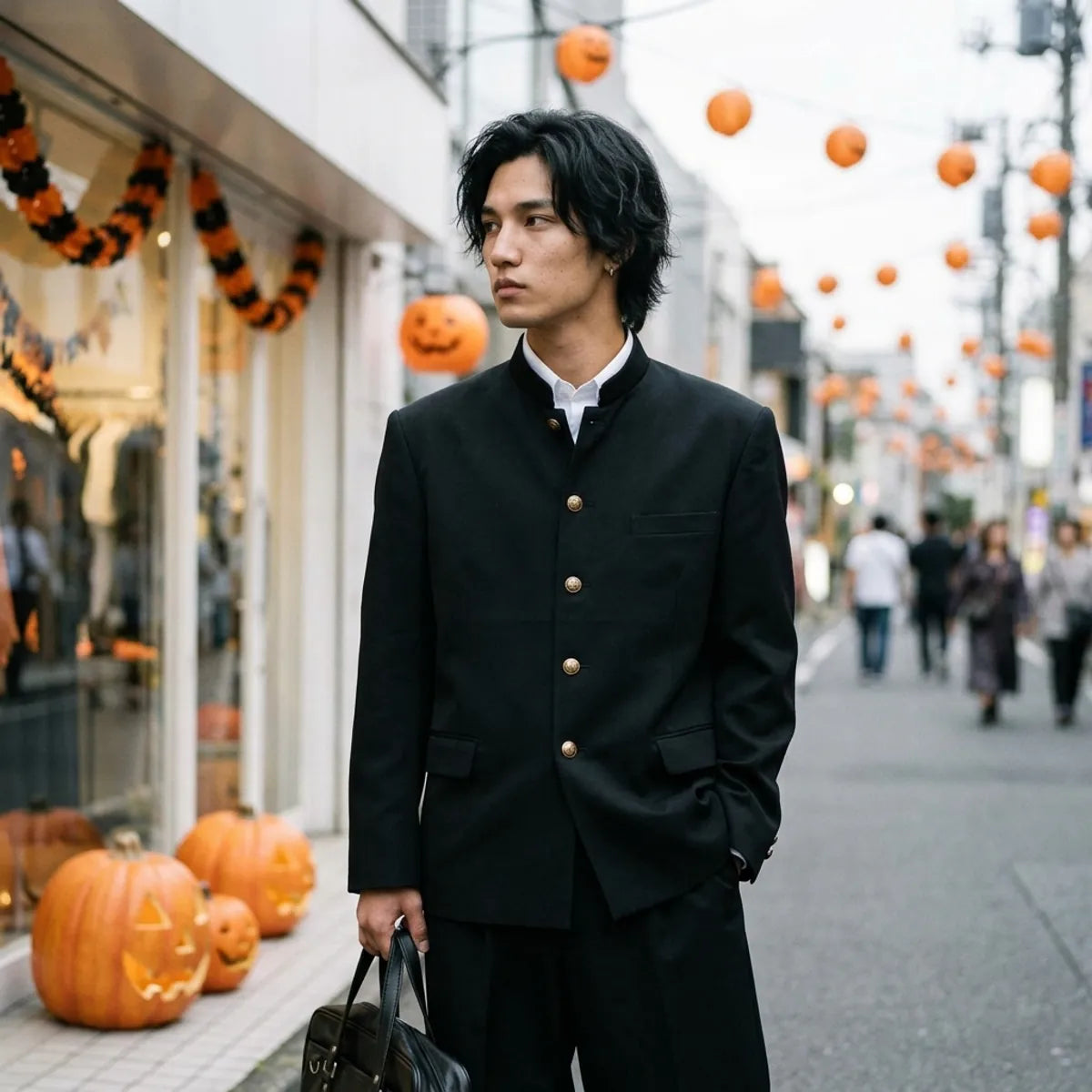 Close-up of the gakuran jacket collar and chest pocket showing the matte woven fabric