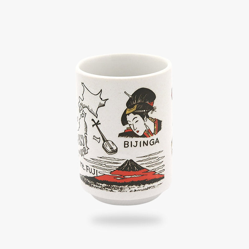 The geisha mug is a white Japanese cup adorned with a delicate design of a geisha playing the Biwa, capturing the elegance and artistry of traditional Japanese culture