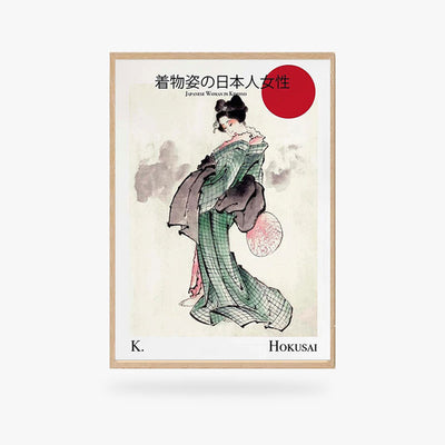 This geisha painting is a Japanese deco object with a wooden frame. The geisha motif printed on the canvas is a work by hokusai.