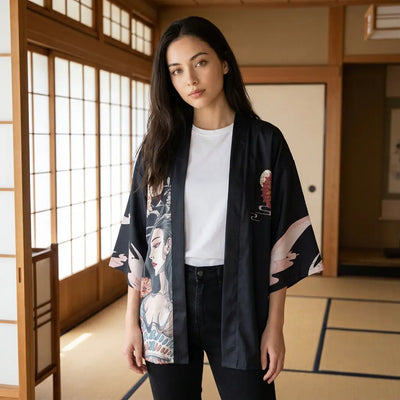 The geisha print haori seen from the front in a tatami room.