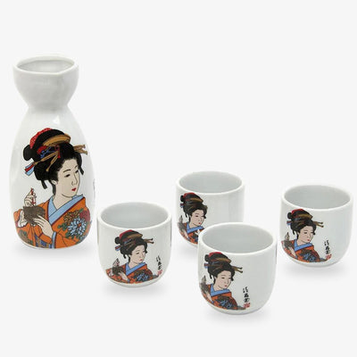 This is a Geisha sake set featuring traditional Japanese design, showcasing delicate Geisha art, perfect for an elegant sake experience with four japanese cups of sake