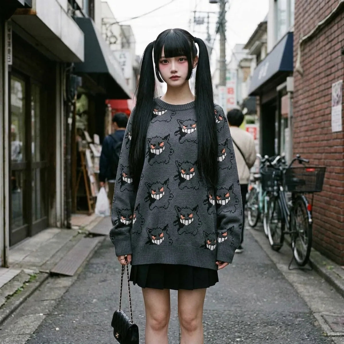 Charcoal gray crewneck sweater with allover Gengar face jacquard knit pattern shown from the front