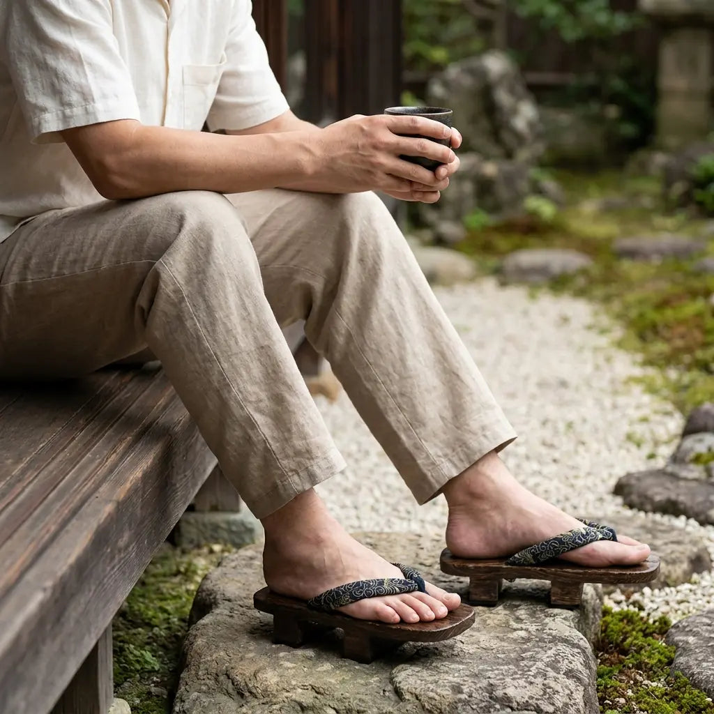 Geta Japan sandals paired with white tabi socks on a stone garden path