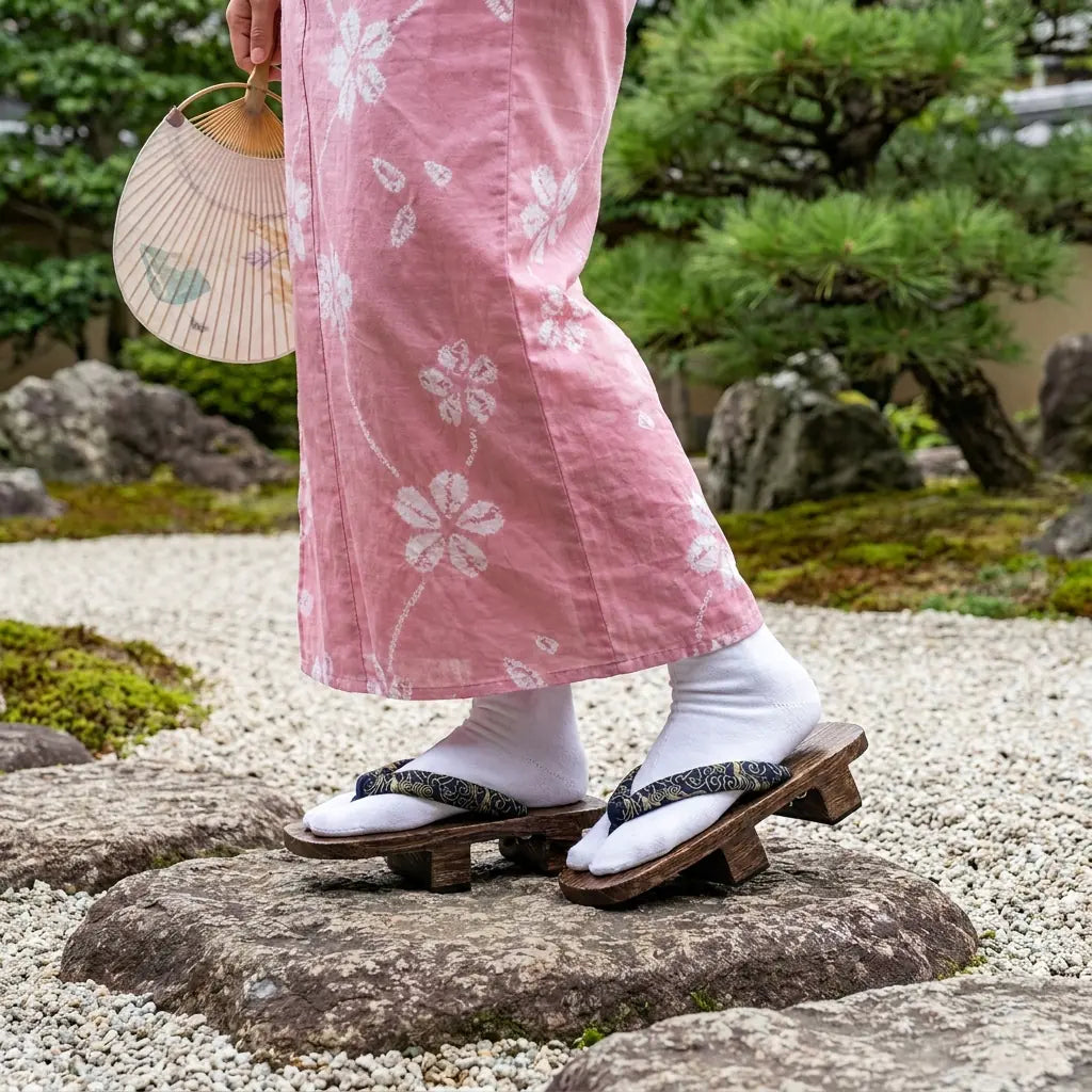 Geta Japan worn with a pink kimono in a Japanese garden