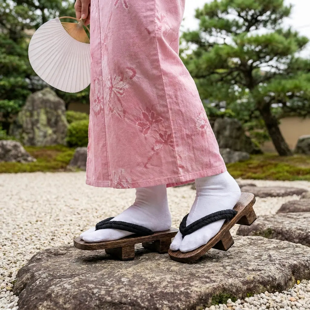 Geta Japanese Man worn with a pink kimono in a Japanese garden