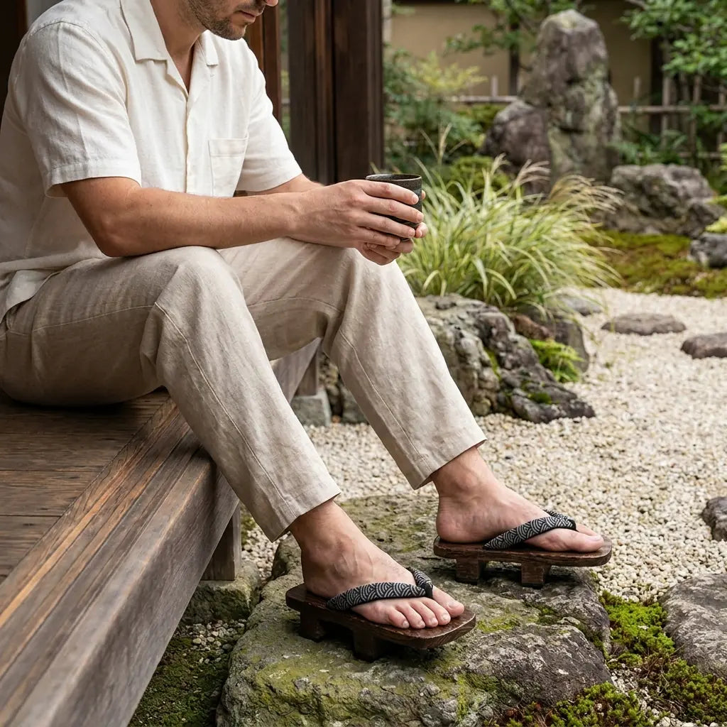 Geta Japanese Seigaiha worn with white tabi socks by a seated man in a Japanese garden