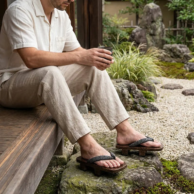 Geta Japanese Seigaiha worn with white tabi socks by a seated man in a Japanese garden