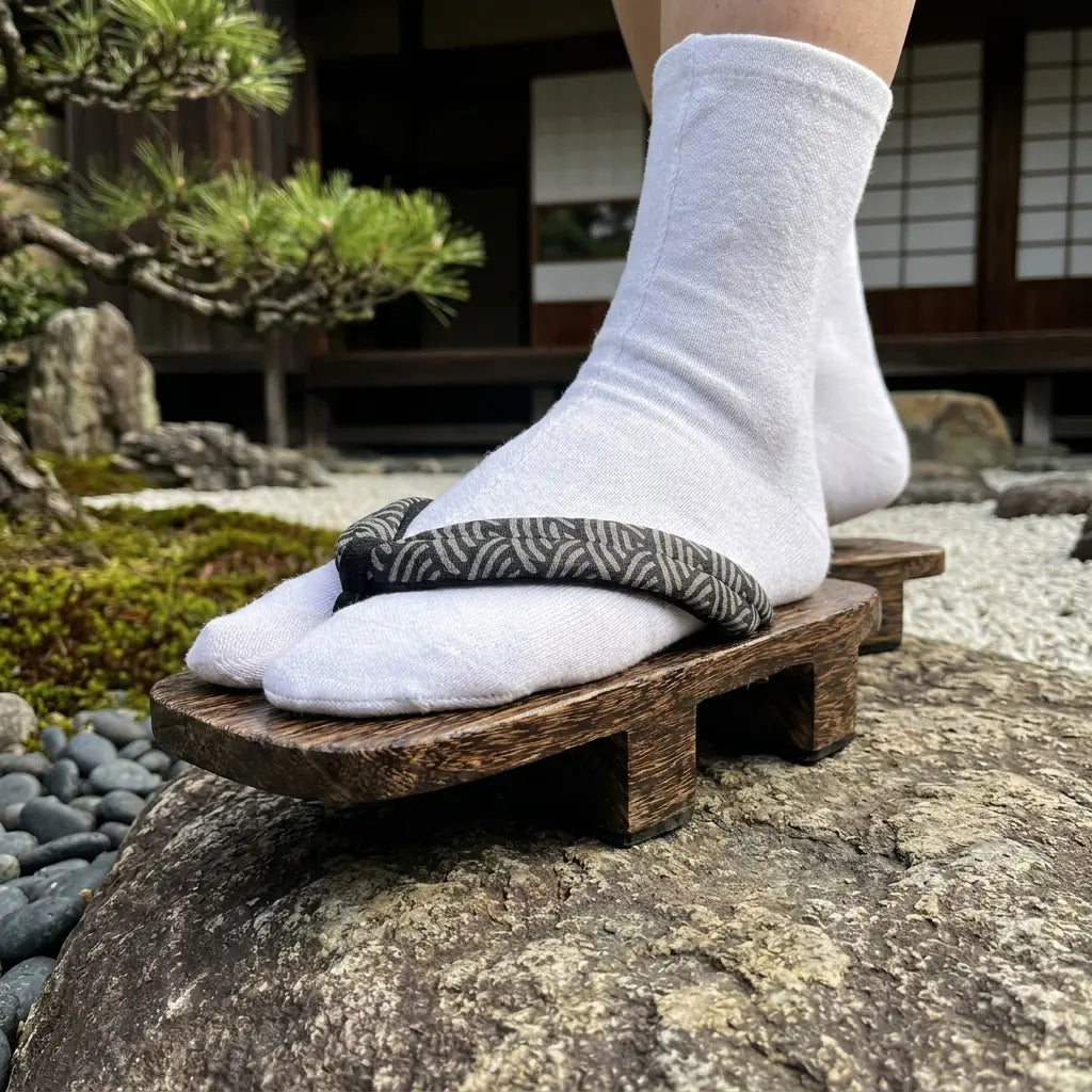 Geta Japanese Seigaiha worn with white tabi socks on a stone in a Japanese garden