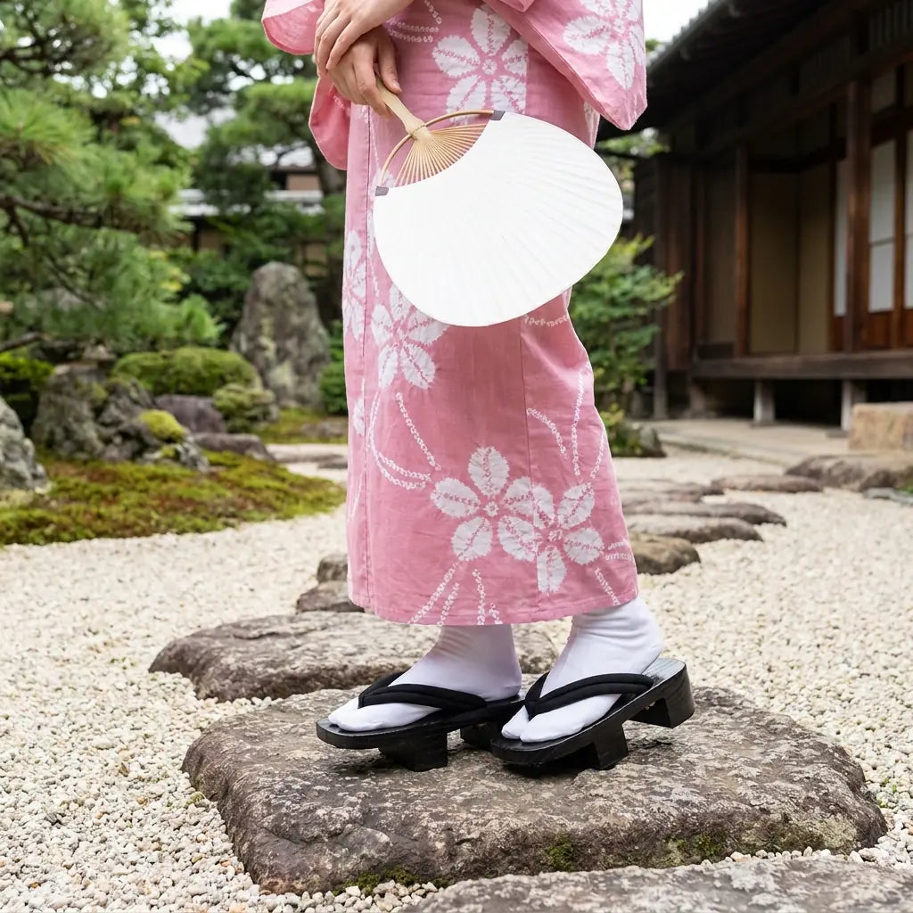Geta Japanese Woman worn with a pink kimono in a Japanese garden