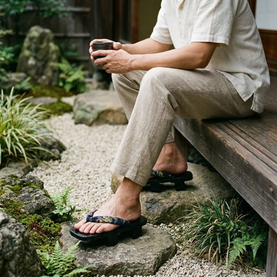Geta Japanese wood sandals worn with white tabi socks on stone path