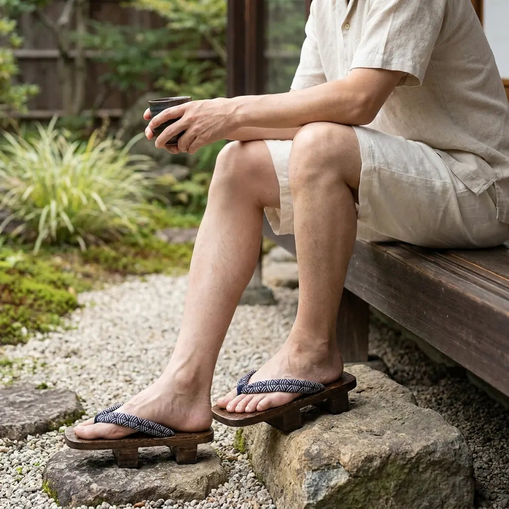 Geta Seigaiha sandals worn with white tabi socks outdoors