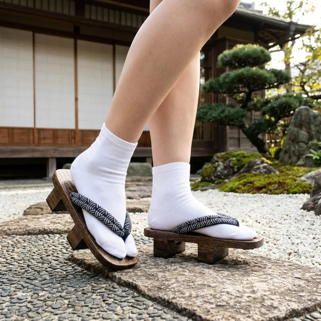 Geta Seigaiha sandal with brown wood grain in a Japanese garden