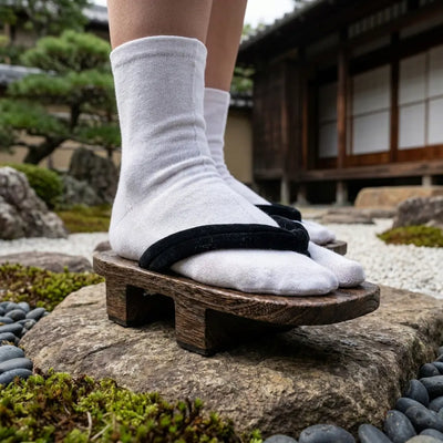 Side view of Geta Woman wooden sandals showing two supporting teeth