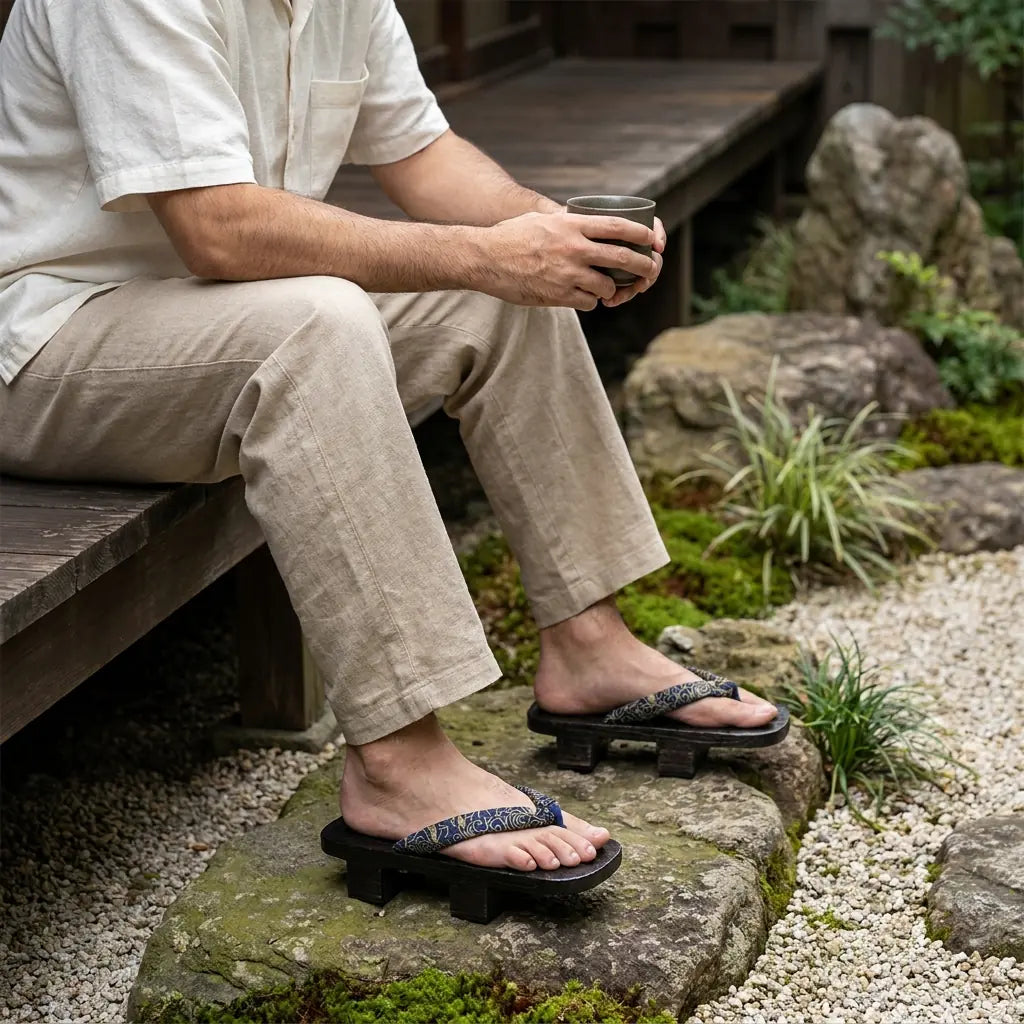 Geta Wood Sandals worn with white tabi socks by a seated man in a Japanese garden