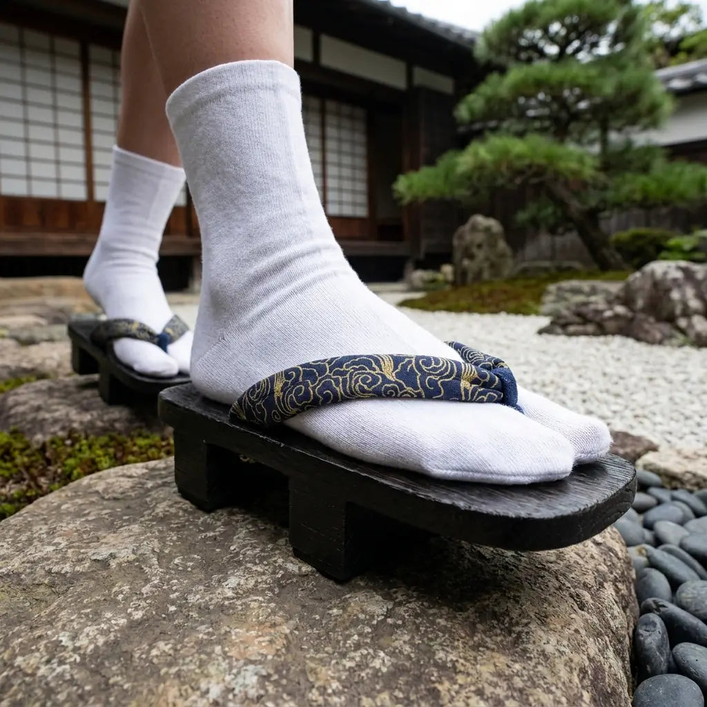 Geta Wood Sandals worn with white tabi socks on a stone in a Japanese garden