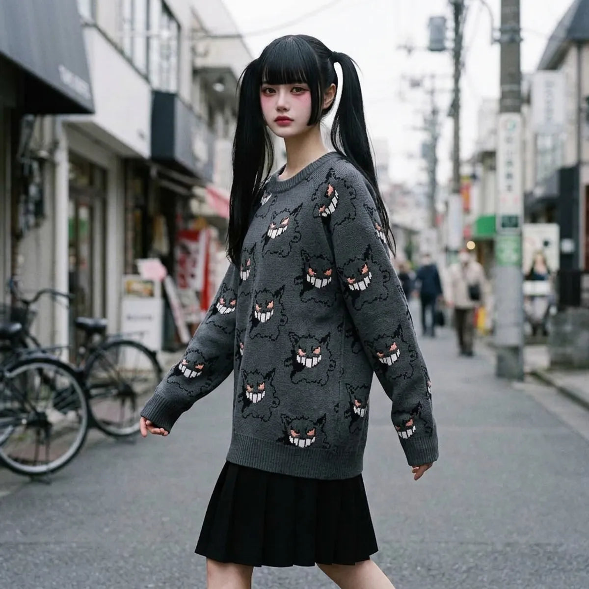 Person moving in a gray jacquard pullover covered in repeating ghost-cat face patterns