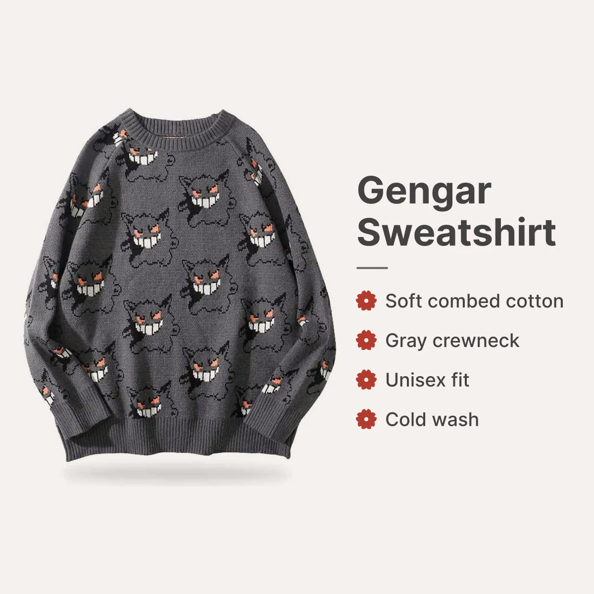 Gengar Sweatshirt : Soft combed cotton, Cold wash care, Oversized boxy fit, Unisex sizing options