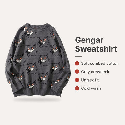 Gengar Sweatshirt : Soft combed cotton, Cold wash care, Oversized boxy fit, Unisex sizing options