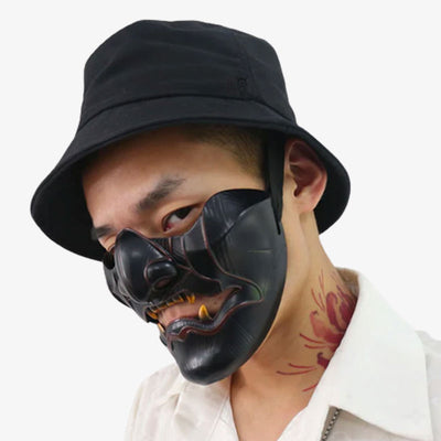 A Japanese man wears a ghost oni maskof tsushima accessory: the Oni samurai mask.