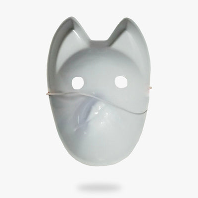Gin hotarubi no mori e masks is white. It's a Japanese fox mask symbolizing the Kitsune god. The mask is fastened with an elastane thread. Hand-painted by an artisan.