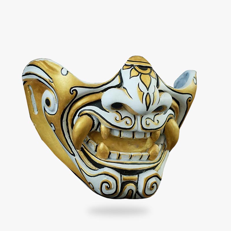 this gold oni mask is samurai demon mask handmade paintings with black white and gold color
