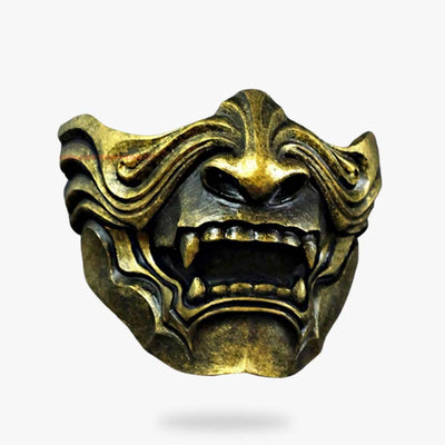 the golden oni mask is a half face demon oni with fangs