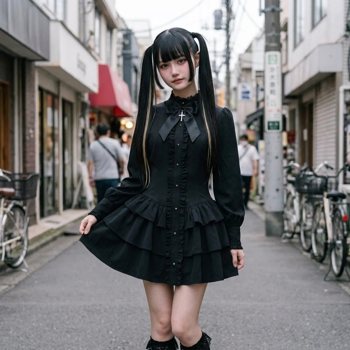 Gothic punk mini dress in a Harajuku backstreet, the bow collar and the tiered ruffles in daylight