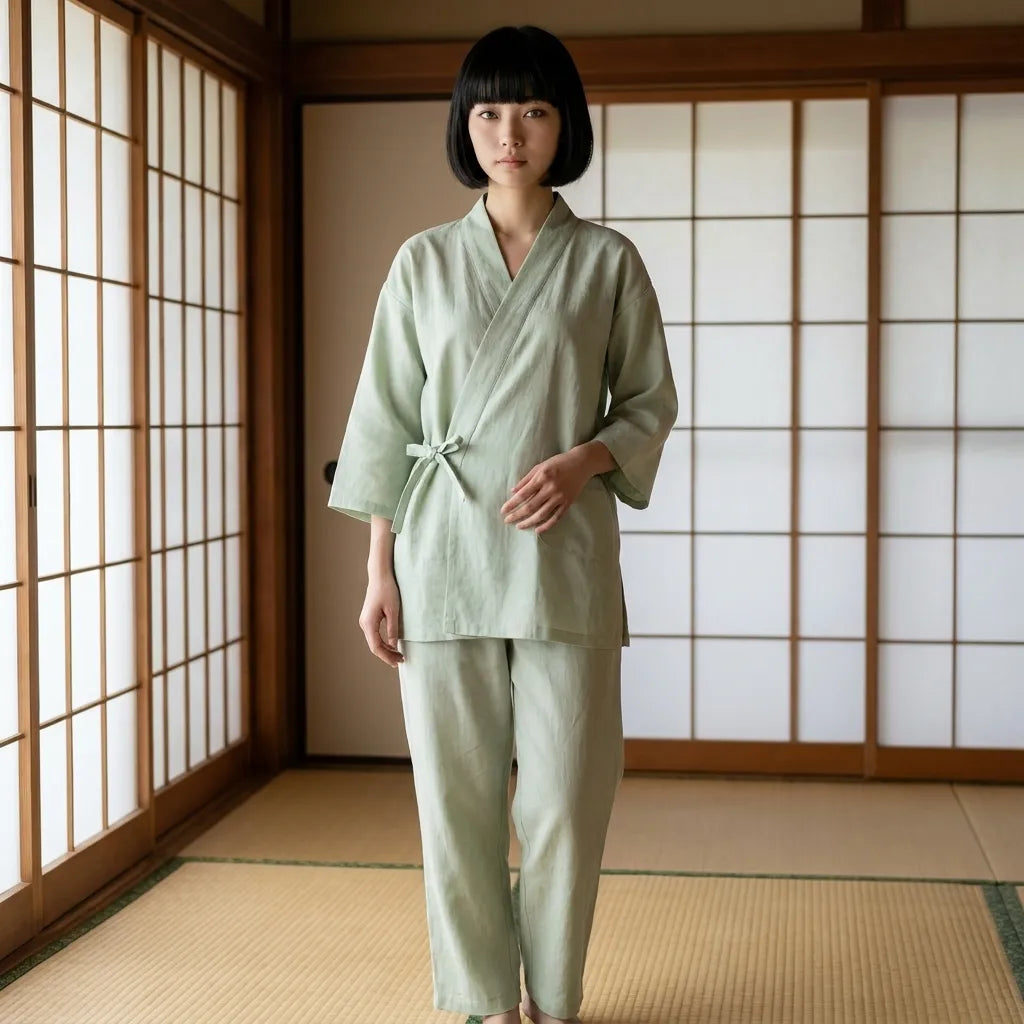 Green kimono pajama set in sage matcha tones worn as relaxed homewear