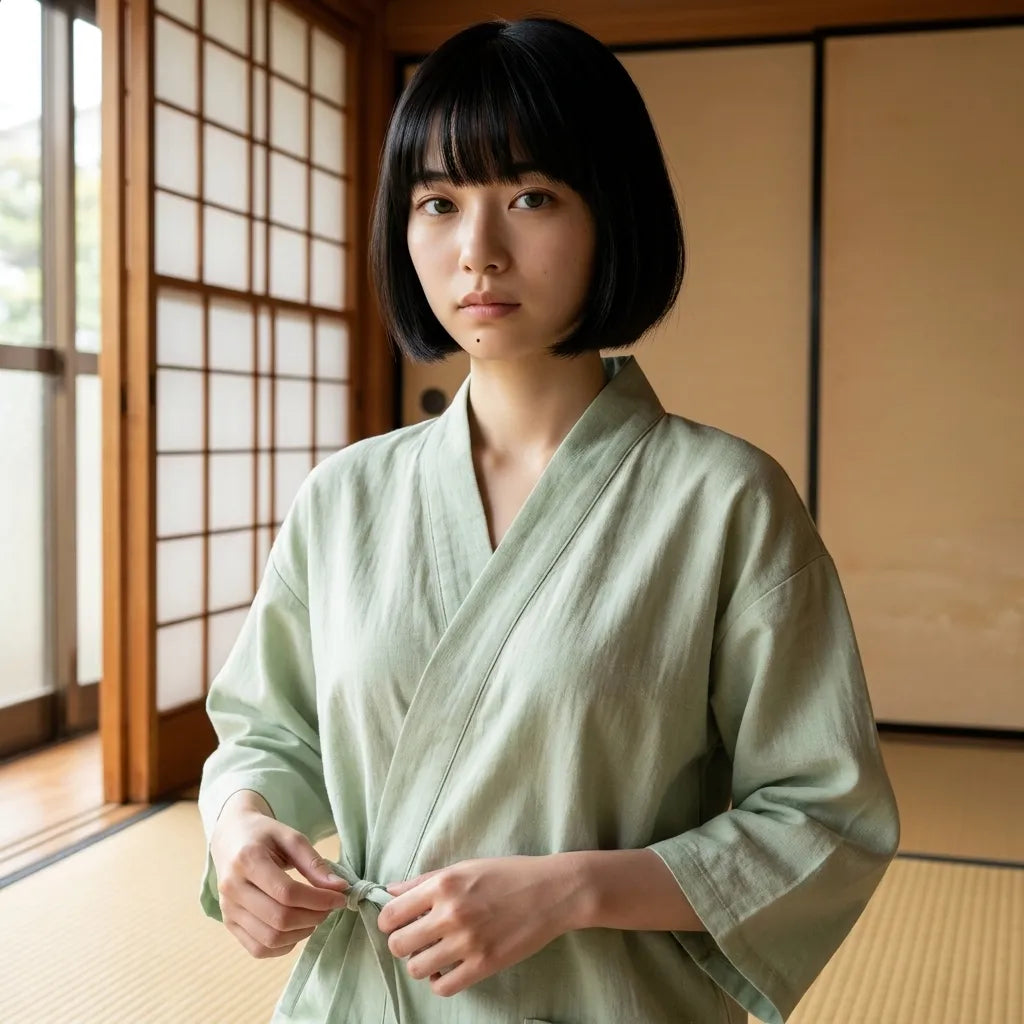 Sage green kimono pajamas showing the wrap front and loose sleeves