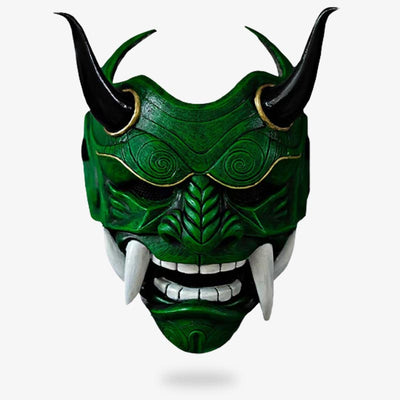 The Japanese green oni mask is the samurai mempo mask of the Japanese warrior. It represents a demon with horns and fangs.