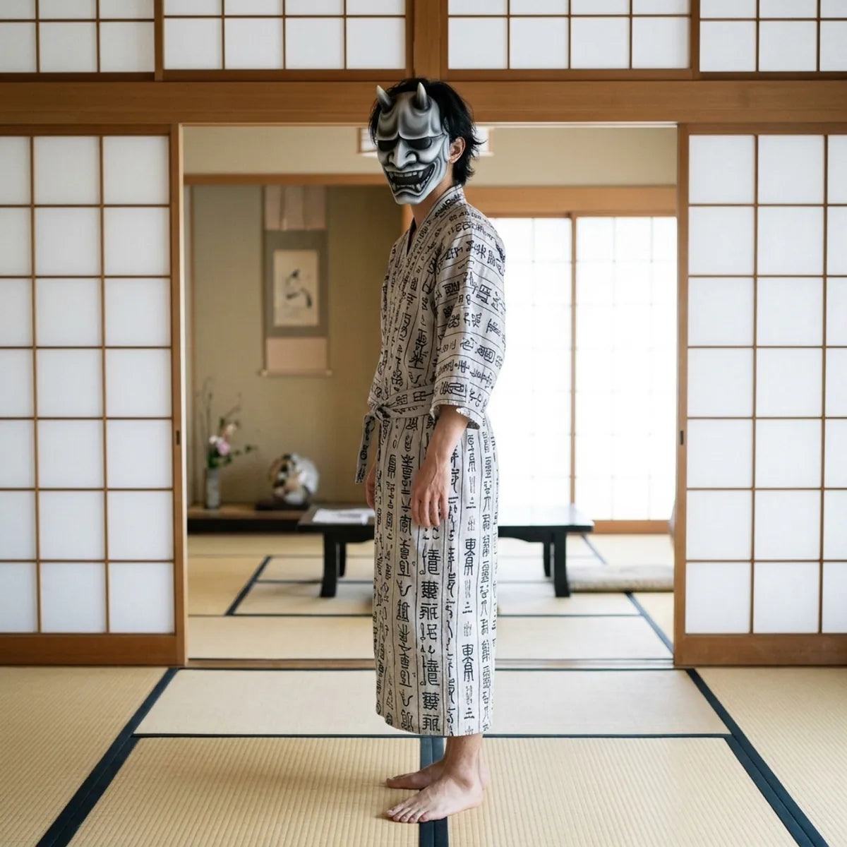 Model standing while wearing the grey-to-charcoal ombre Hannya demon mask with its wide snarling mouth.