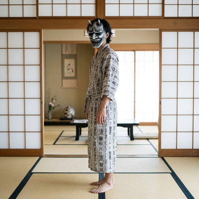 Model standing while wearing the grey-to-charcoal ombre Hannya demon mask with its wide snarling mouth.