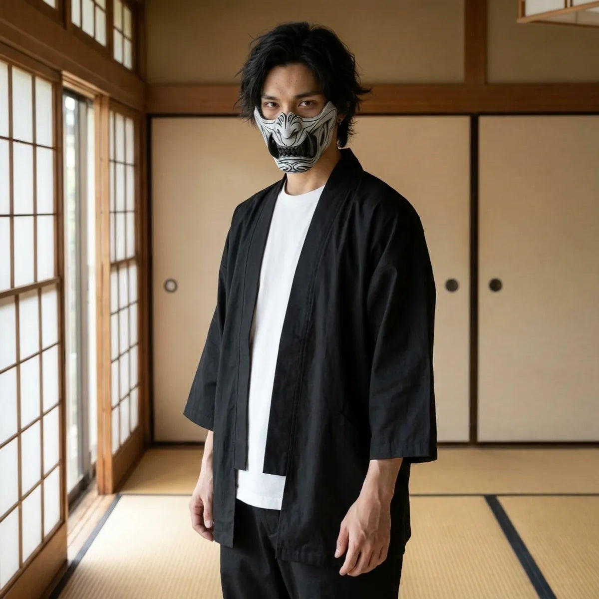 Grey oni half mask with deep carved grooves worn in a Japanese tatami room